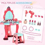 Toucador Infantil com Banco Espelho Luz Música e Secador Inclui 18 Acessórios Toucador de Maquilhagem 57x34x76cm Multicor