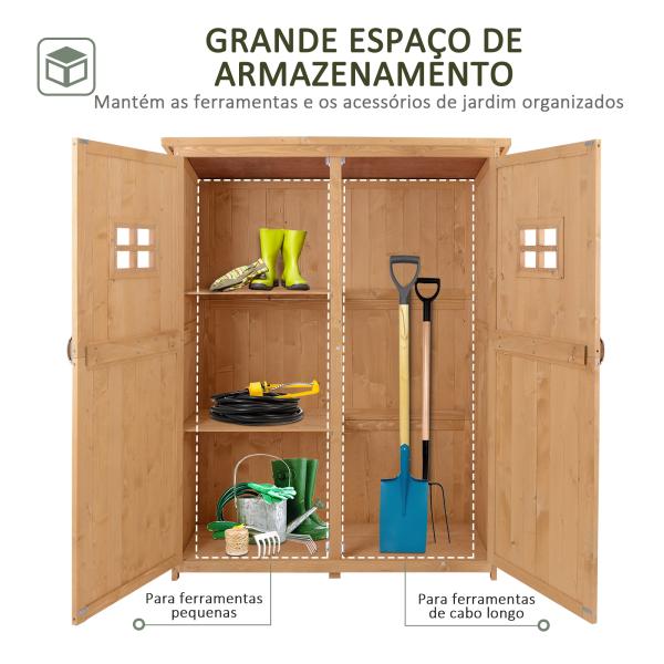 Abrigo de Jardim para Ferramentas Armário de Madeira para Exterior com Prateleira Dupla Porta Janelas e Teto Asfáltico 127,5x50x164cm Madeira