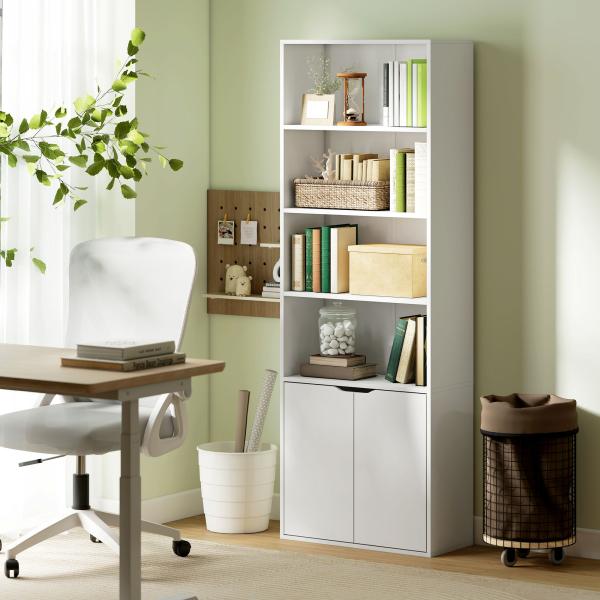 Estante para Livros com 4 Compartimentos Abertos e 1 Armário com 2 Prateleiras Armazenamento Livros Plantas para Sala de Estar Escritório 59x29x180cm Branco