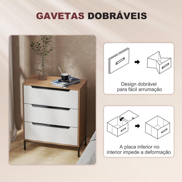 Cómoda com 3 Gavetas de Tecido Frentes com Padrão de Diamante Móvel de Arrumação 59,5x30x73,5 cm Madeira e Branco