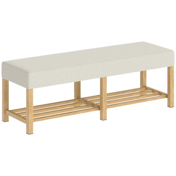 Banco Sapateira com Assento Acolchoado para 2 Pessoas Prateleira Aberta Estrutura de Madeira 140x44x48 cm, Creme e Madeira