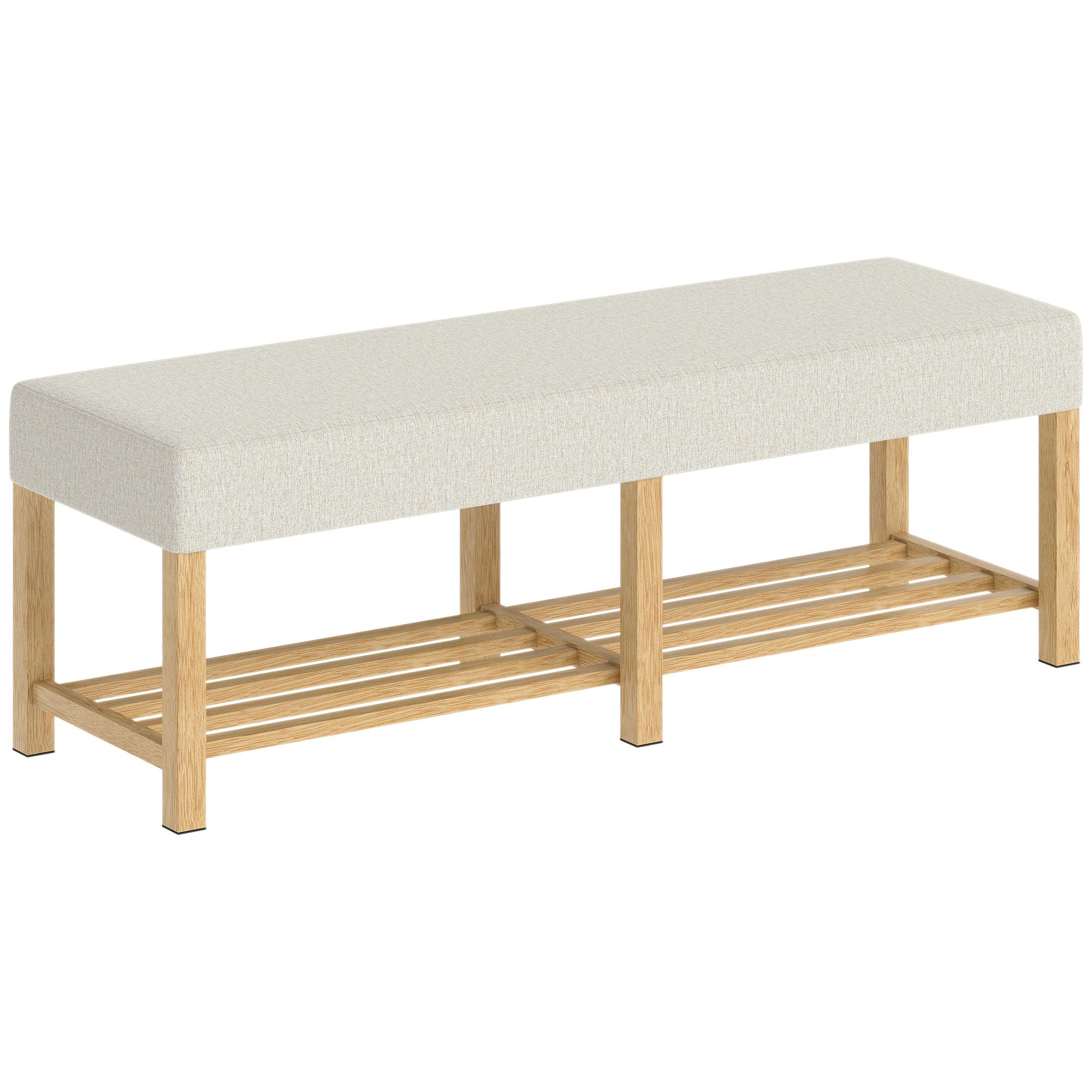 Banco Sapateira com Assento Acolchoado para 2 Pessoas Prateleira Aberta Estrutura de Madeira 140x44x48 cm, Creme e Madeira