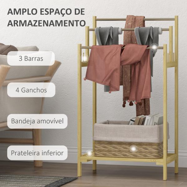 Toalheiro de Pé de Bambu com 3 Barras de Aço Inoxidável Prateleira Aberta 50,5x31x90 cm Natural