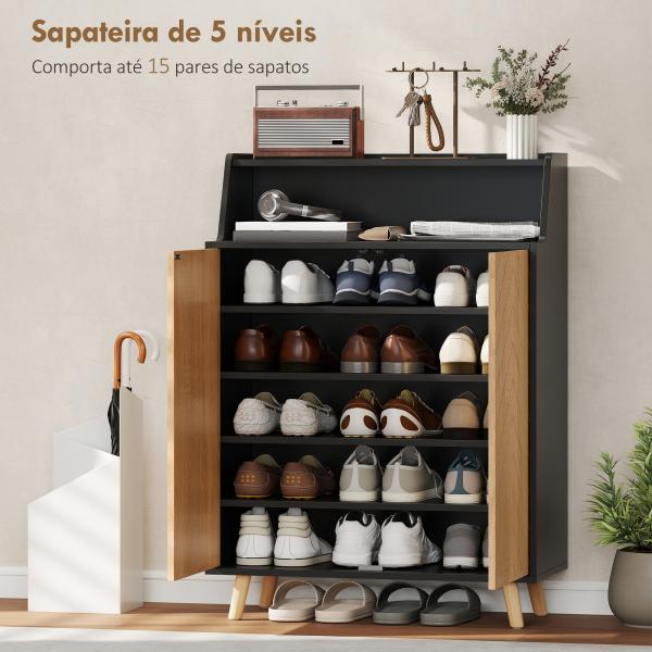 Sapateira para Entrada com Prateleiras Ajustáveis para 15 Pares de Sapatos 75x35x104 cm Preto e Madeira