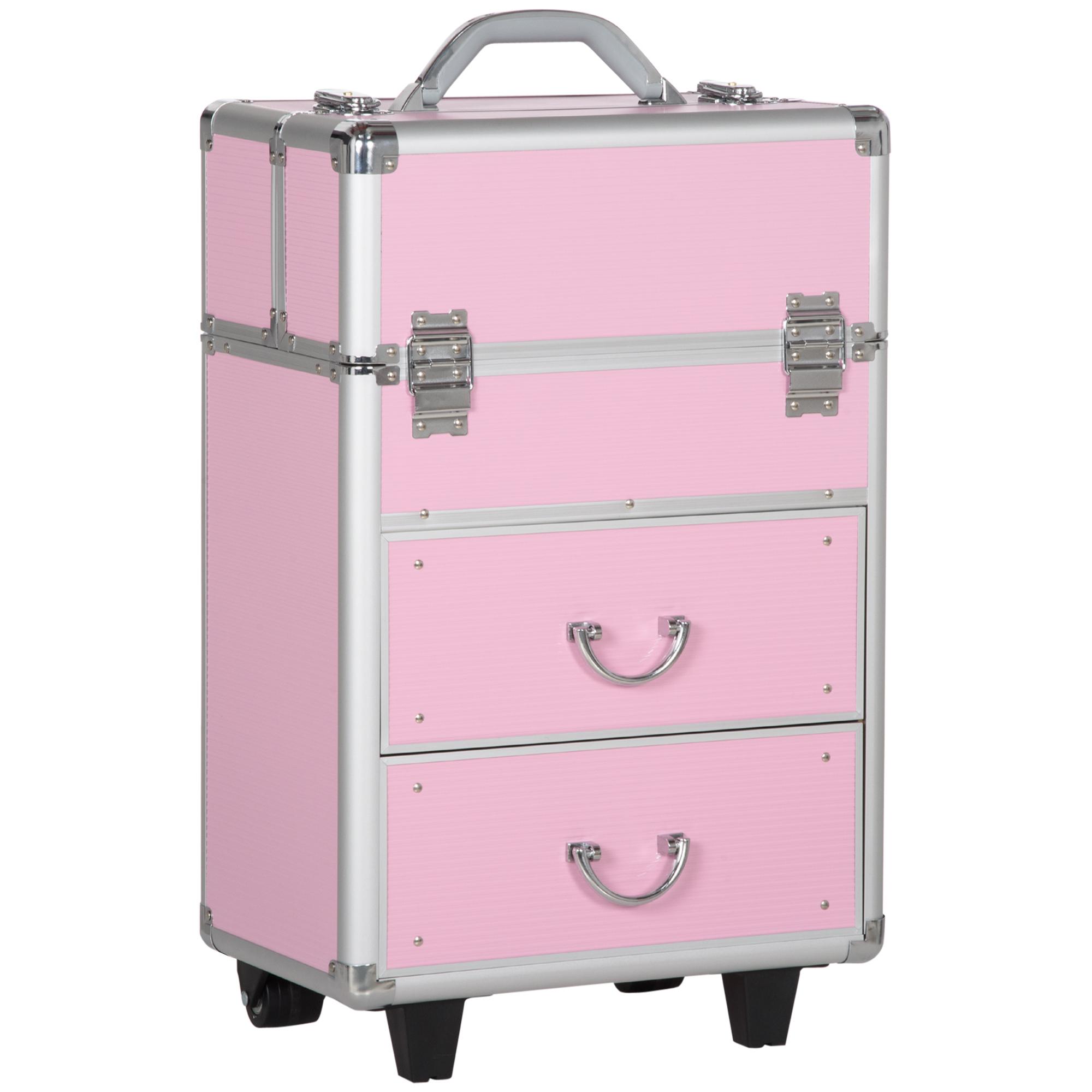 Mala de Maquilhagem Professional com Rodas 6 Gavetas Extensíveis Fechadura 2 Chaves e Alça Retrátil 36x23x58 cm Rosa