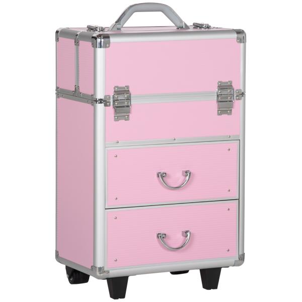 Mala de Maquilhagem Professional com Rodas 6 Gavetas Extensíveis Fechadura 2 Chaves e Alça Retrátil 36x23x58 cm Rosa