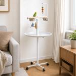 Comedouro para Pássaros em Pé Ø60x138 cm com 4 Rodas 2 Recipientes de Aço Inoxidável e 2 Poleiros Branco