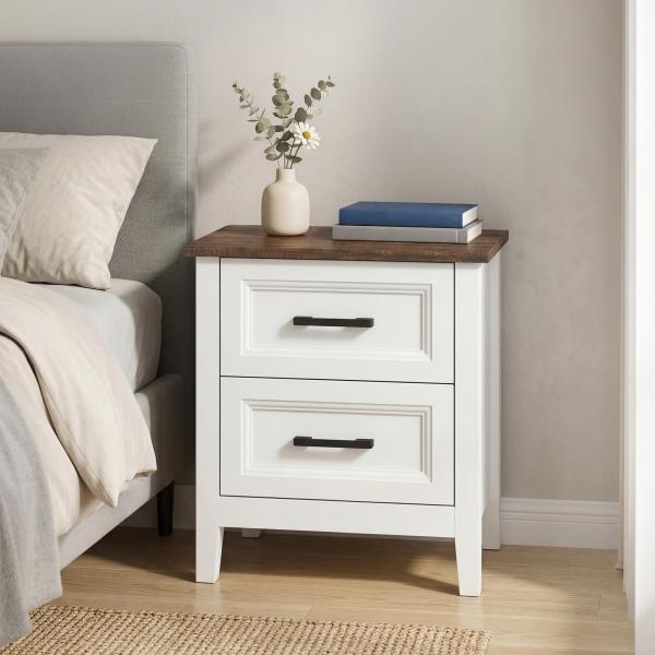 Mesa de Cabeceira Mesa de Cabeceira com 2 Gavetas Estilo Rústico 45x30x50 cm Branco