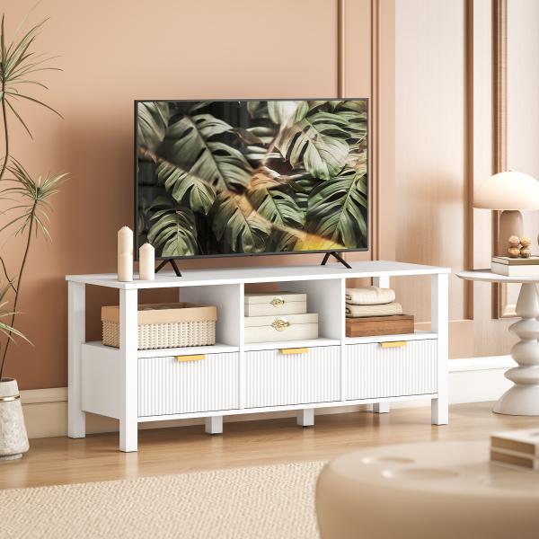 Móvel de TV Moderno com 3 Gavetas e 3 Prateleiras Abertas para Televisores de 43 - 55 Polegadas 120x39,5x50 cm Branco