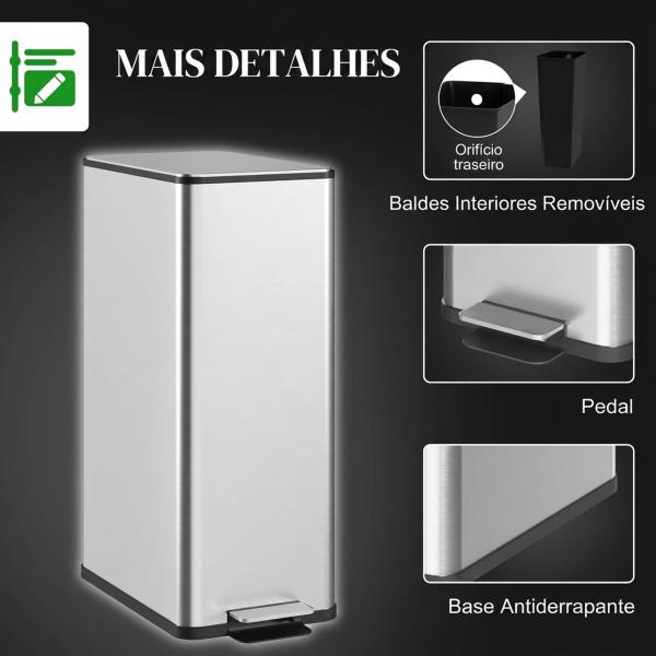 Caixote do Lixo de Cozinha 20 L em Aço Inoxidável com Tampa de Fecho Suave, Pedal e Balde Amovível, Prateado