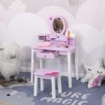 Toucador Infantil com Banco e Espelho Mesa de Maquilhagem Infantil Estilo Princesa de Madeira 59x39x92cm Rosa