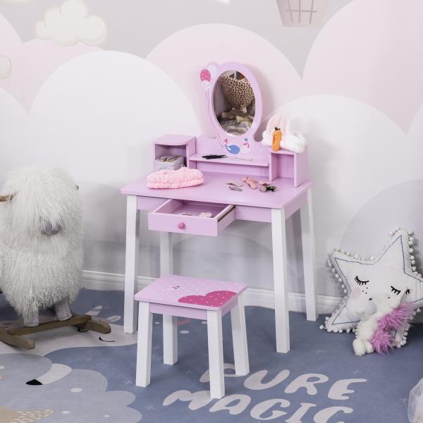 Toucador Infantil com Banco e Espelho Mesa de Maquilhagem Infantil Estilo Princesa de Madeira 59x39x92cm Rosa