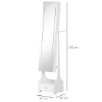Joalheiro de Pé com Espelho Luz Armário para Jóias com Espelho de Corpo Inteiro 3 Ângulos Ajustáveis com Gaveta e Suporte para Secador 37x30x158cm Branco