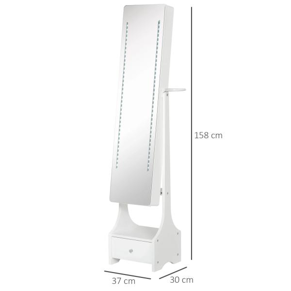 Joalheiro de Pé com Espelho Luz Armário para Jóias com Espelho de Corpo Inteiro 3 Ângulos Ajustáveis com Gaveta e Suporte para Secador 37x30x158cm Branco