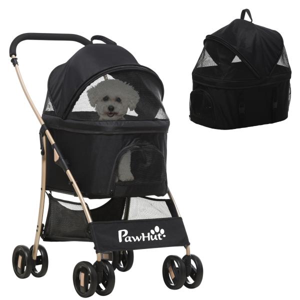 Carrinho para Animais de Estimação 3 em 1 Dobrável com Bolsa de Transporte Cesta de Armazenamento e Travão 82x49,5x98cm Preto