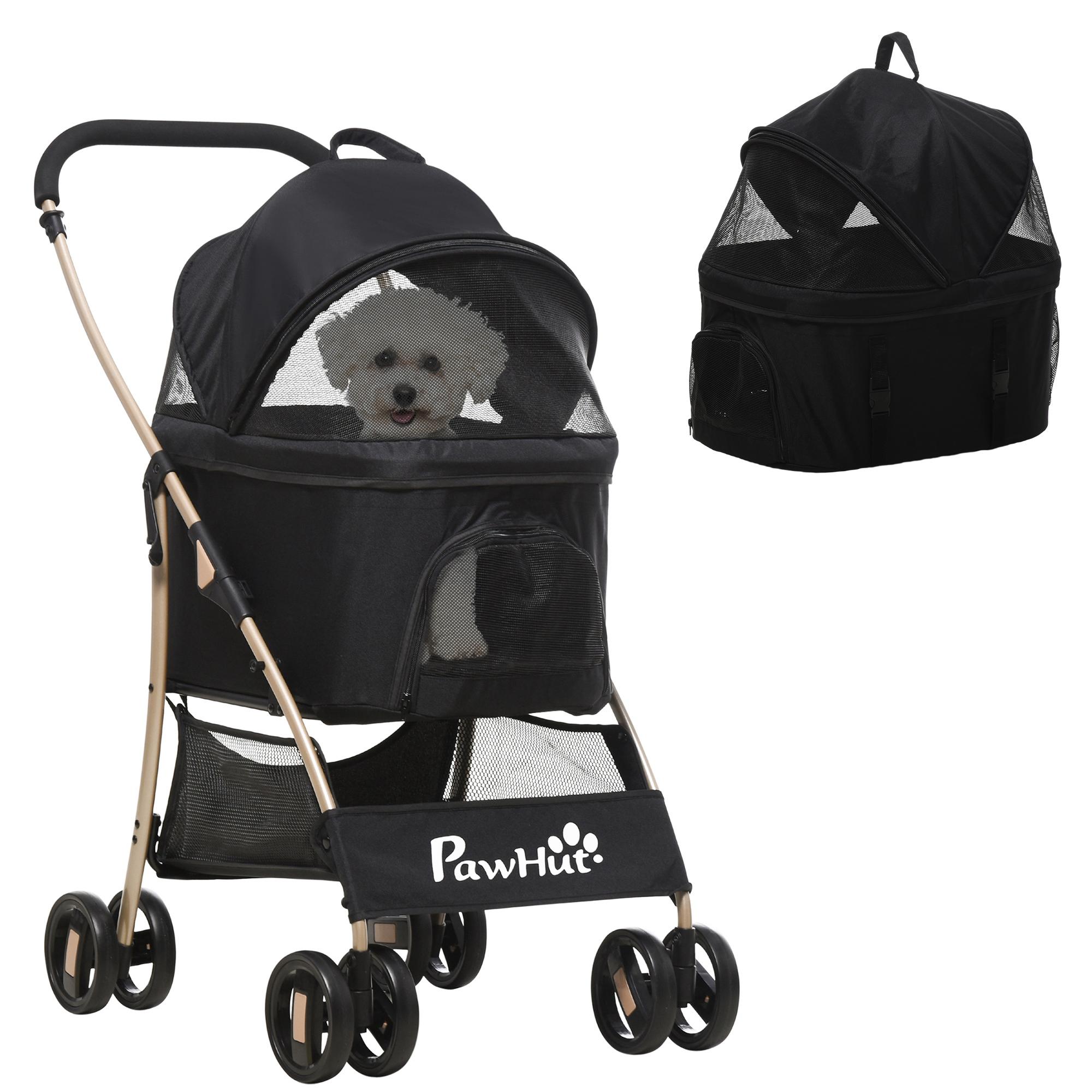 Carrinho para Animais de Estimação 3 em 1 Dobrável com Bolsa de Transporte Cesta de Armazenamento e Travão 82x49,5x98cm Preto