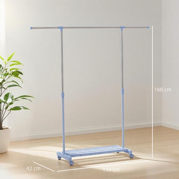 Charriot com Rodas com Barra de Aço Inoxidável e Prateleira para Sapatos Altura Ajustável 94 - 159x42x93 - 168 cm Azul