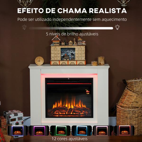Lareira Elétrica com Efeito de Chama de 5 Níveis de Brilho e 12 Cores Decorativa 1000/2000W Temporizador para 30 m² 98x25x80 cm Branco