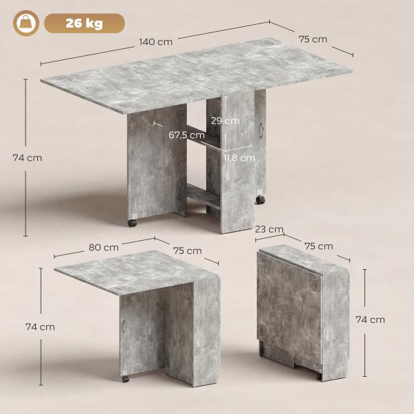 Mesa de Sala de Jantar Dobrável com 2 Prateleiras de Armazenamento e Rodas para Cozinha 75x140x74 cm Cinza