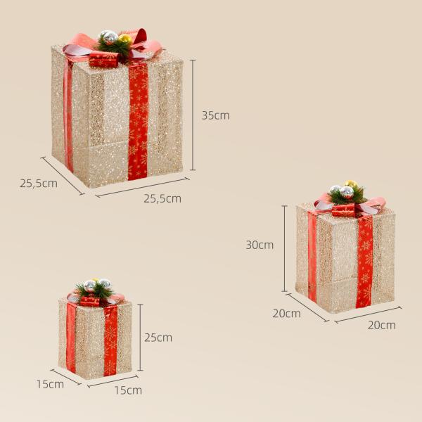 Conjunto de 3 Caixas de Presente de Natal com 58 LEDs Branco Quente Enfeites Luminosos para a Árvore de Natal Dourado