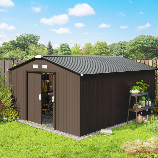 Abrigo de Jardim Exterior para Armazenamento de Ferramentas com 4 Janelas 12,4 m² 340x386x200 cm Castanho