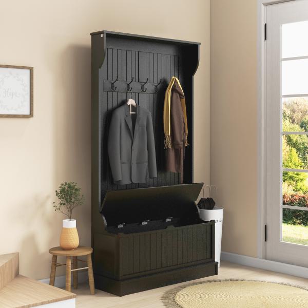Móvel Cabide de Entrada com Banco Armário de Entrada com Cabide 5 Ganchos e Espaço de Armazenamento 96x34x179,7 cm Preto