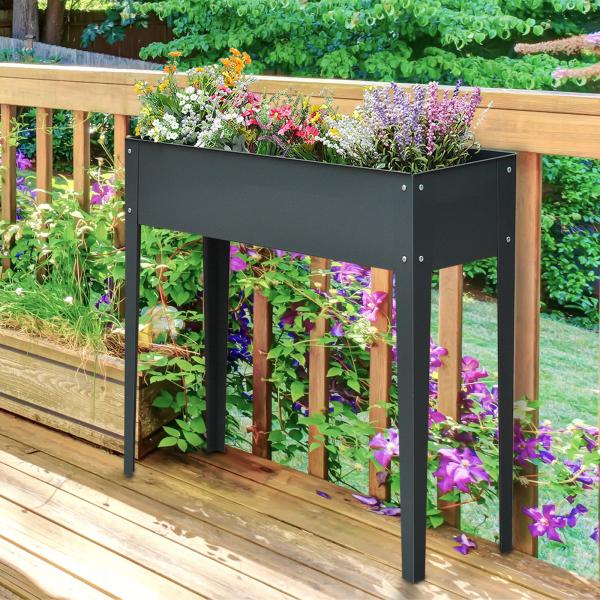 Floreira Elevada Mesa para Cultivo Retangular para Plantas Verduras e Flores com 3 Orifícios de Drenagem 100x30x80cm Cinza