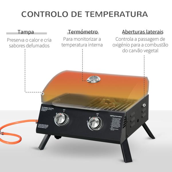 Barbecue a Gás Dobrável com 2 Queimadores Churrasqueira à Gás Portátil com Termómetro para Campismo Piquenique ao Ar Livre Jardim 55x46,5x41cm Preto