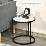 Conjunto de 2 Mesas Auxiliares Redondas Empilháveis Mesa de Centro Modernas com Bancada em Efeito de Mármore e Estrutura de Aço Ø60x46cm e Ø40x40cm Branco