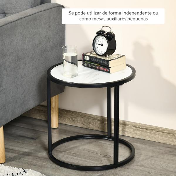 Conjunto de 2 Mesas Auxiliares Redondas Empilháveis Mesa de Centro Modernas com Bancada em Efeito de Mármore e Estrutura de Aço Ø60x46cm e Ø40x40cm Branco