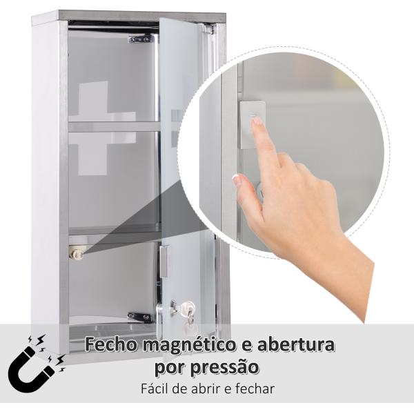 Armário de Medicamentos Armário de Primeiros Socorros de Aço Inoxidável com 3 Prateleiras e Fechadura 25x12x48 cm Prata