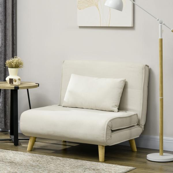 Poltrona 2 em 1 Sofá Cama Individual Dobrável com Encosto Ajustável e Almofada Carga 125 kg 90x78x79 cm Bege