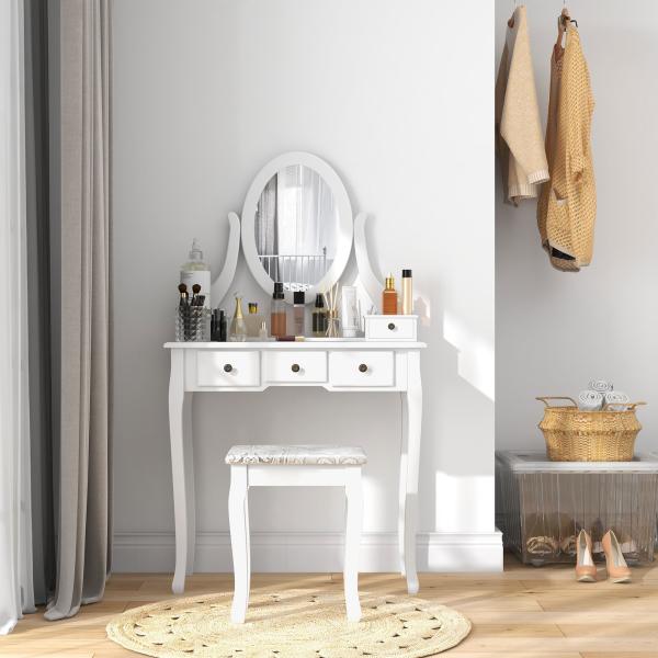 Toucador de Maquilhagem com Banco MDF e Madeira Maciça 80x40x140cm Branco