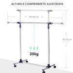 Charriot com Altura Ajustável Cabideiro com Rodas para Roupas Aço Inoxidável 86 - 160x45x95 - 170cm Prata e Preto