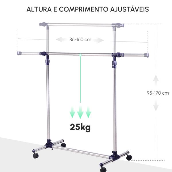 Charriot com Altura Ajustável Cabideiro com Rodas para Roupas Aço Inoxidável 86 - 160x45x95 - 170cm Prata e Preto