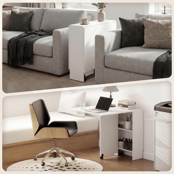 Mesa de Sala de Jantar Dobrável Mesa de Madeira com 2 Prateleiras de Armazenamento e Rodas para Cozinha 75x140x74 cm Branco