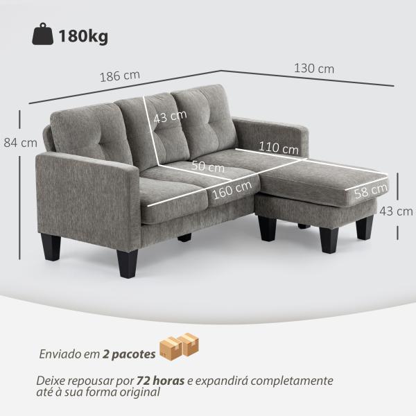 Sofá Chaise Longue Sofá em Forma de L Estofado em Poliéster Sofá de Canto Reversível 186x130x84 cm Marrom Acizentado