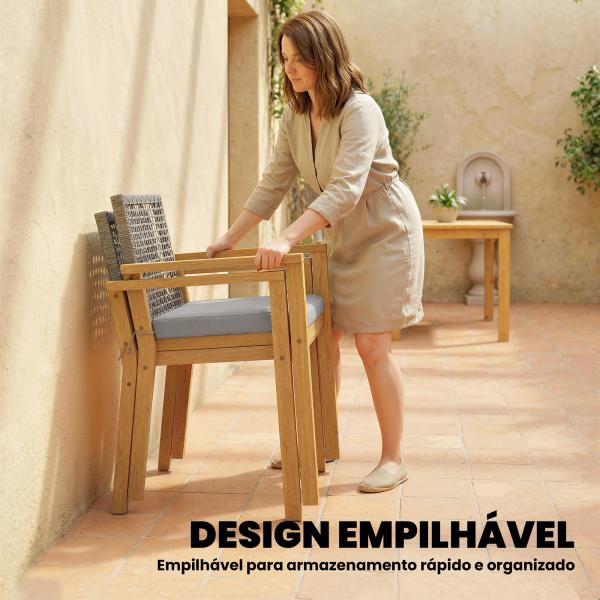 Conjunto de 2 Cadeiras de Jardim Exterior em Madeira Empilháveis com Almofadas Removíveis Braços Encosto 59x55x86 cm Madeira
