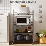 Carrinho Auxiliar com Rodas de Aço Inoxidável de 4 Níveis com Prateleira Ajustável 2 Rodas com Travão 60x35x100 cm Prateado
