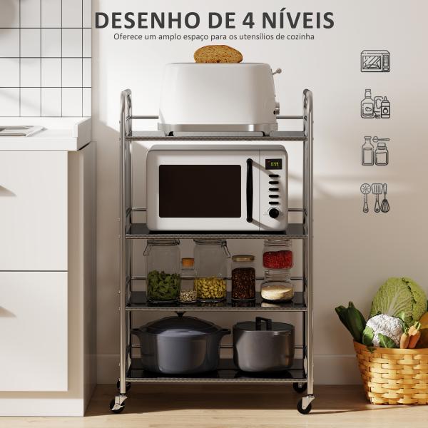 Carrinho Auxiliar com Rodas de Aço Inoxidável de 4 Níveis com Prateleira Ajustável 2 Rodas com Travão 60x35x100 cm Prateado
