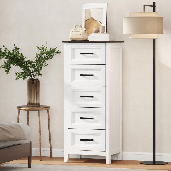 Cómoda 5 Gavetas Cómoda de Dormitório Estreita e Alta com Bancada com Efeito Madeira 45x35x106 cm Branco