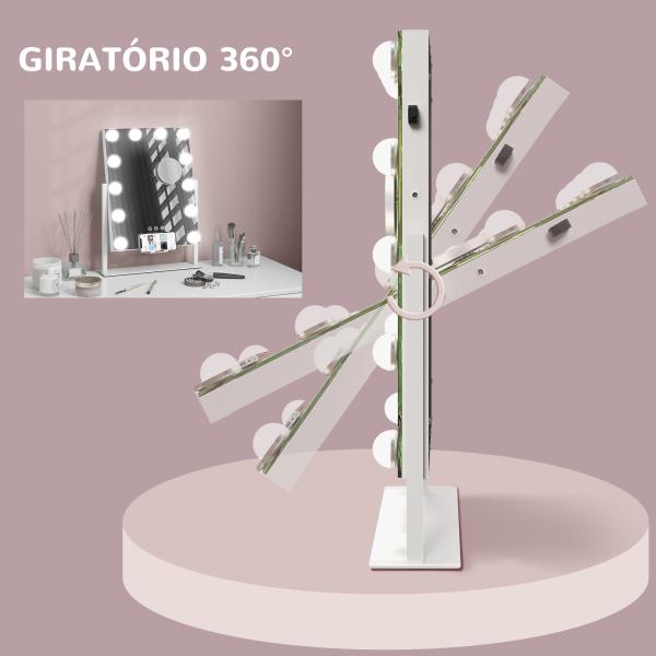 Espelho de Maquilhagem Estilo Hollywood com Luzes 12 Lâmpadas LED 3 Modos de Iluminação e Entrada USB 36,5x8,5x45,5 cm Branco