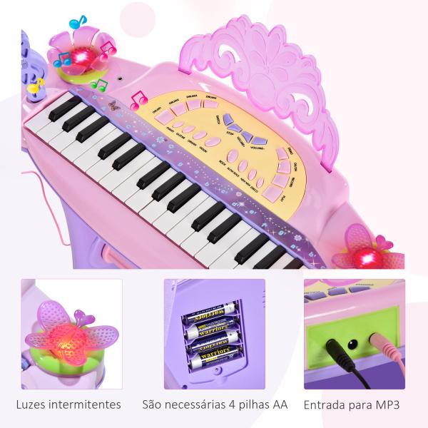 Piano Eléctrico Infantil 32 Teclas Piano Infantil com Microfone Banquinho Luzes Ritmos Sons MP3 Karaoke Rosa