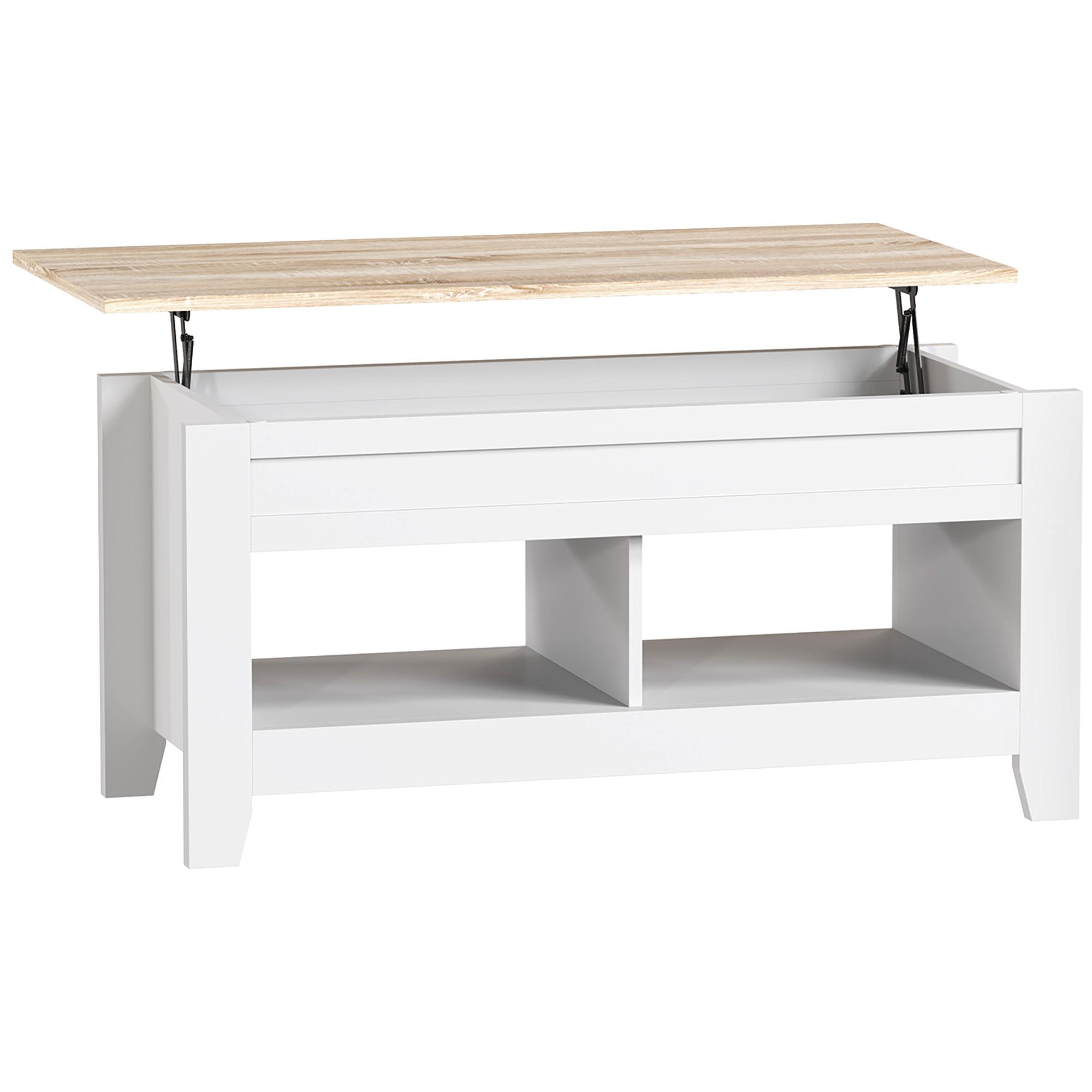 Mesa de Centro com Bancada Elevável 2 Compartimentos Abertos Bancada de Madeira 105x50x49 cm Branco e Madeira
