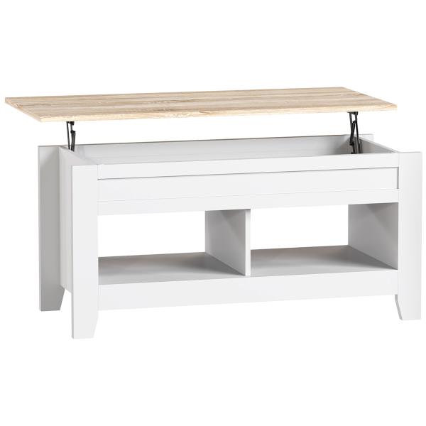 Mesa de Centro com Bancada Elevável 2 Compartimentos Abertos Bancada de Madeira 105x50x49 cm Branco e Madeira