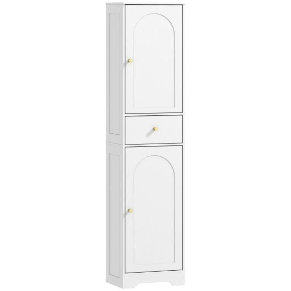 Coluna Casa de Banho com 2 Portas Arqueadas Gaveta e Prateleiras Ajustáveis Armário Alto Casa de Banho 40x29,5x170 cm Branco com Veios
