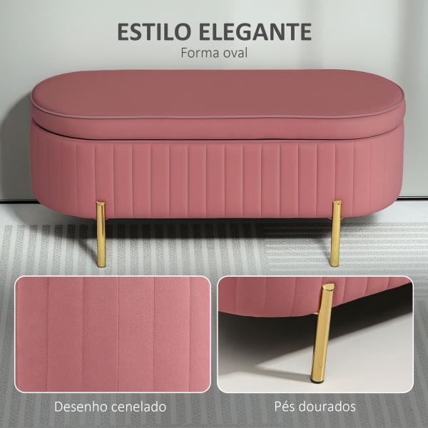 Banco Pé de Cama Estofado em Veludo Banco de Arrumação e Pés Dourado Banco para Entrada Dormitório 108x44x43,5 cm Rosa