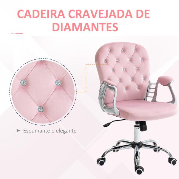 Cadeira de Escritório Estofada em Veludo Cadeira Giratória com Altura Ajustável e Decorações de Cristal 59,5x60,5x103 cm Rosa