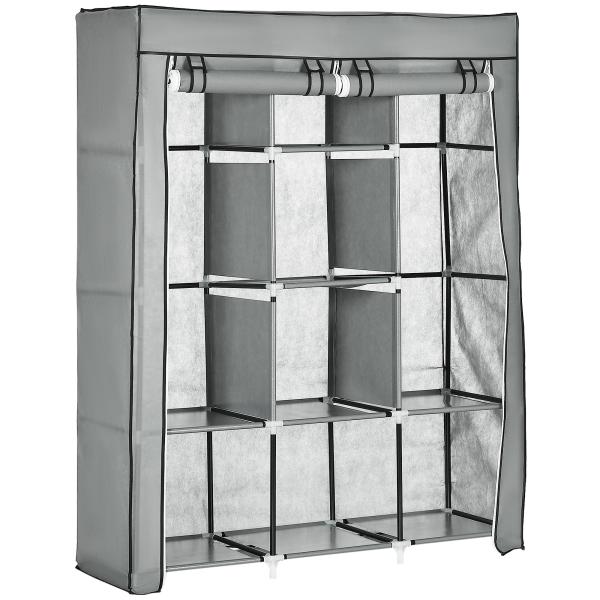 Roupeiro de Tecido Dobrável com 8 Prateleiras de Armazenamento e 2 Barras de Pendurar 125x43x162,5cm Cinza Claro