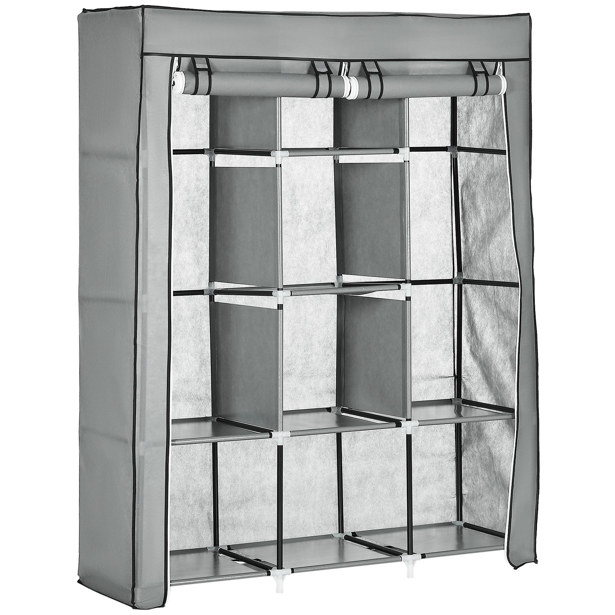 Roupeiro de Tecido Dobrável com 8 Prateleiras de Armazenamento e 2 Barras de Pendurar 125x43x162,5cm Cinza Claro